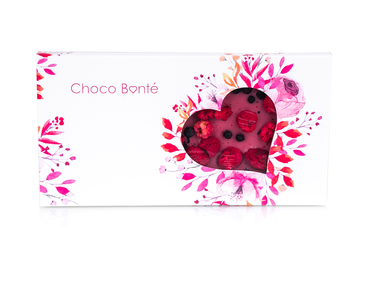 Růžová čokoláda s malinami a borůvkami - srdce