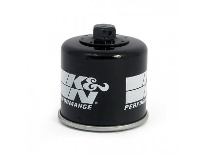 K&N, spin-on oil filter with top nut. Black