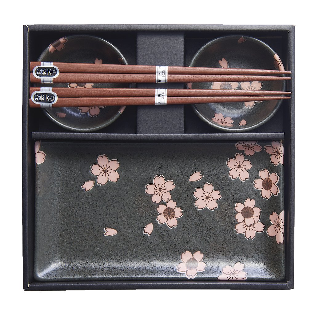 MIJ sushi set Black & Pink Sakura Design 6 ks