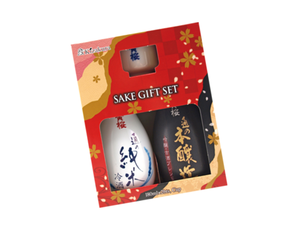 KIZAKURA Sake Set rýžové víno 15% 2 lahvičky + 1 sklenička (Junmai + Honjozo)