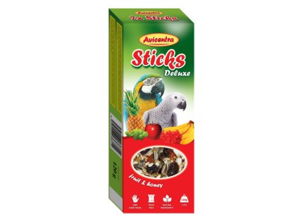 avicentra tycinky deluxe ovocie a med pre velke papagaje 120g