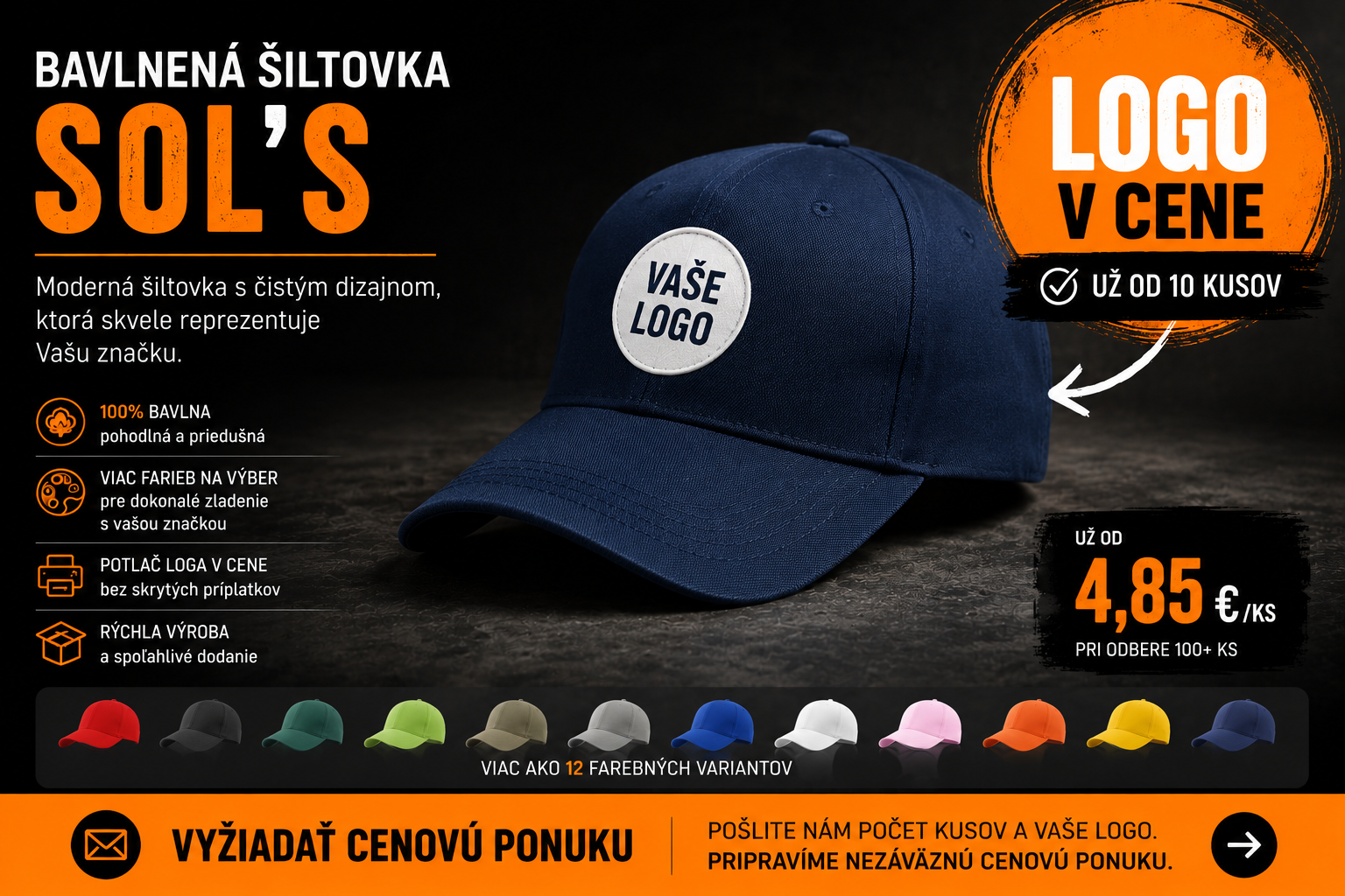 Bavlnená šiltovka SOL'S s logom