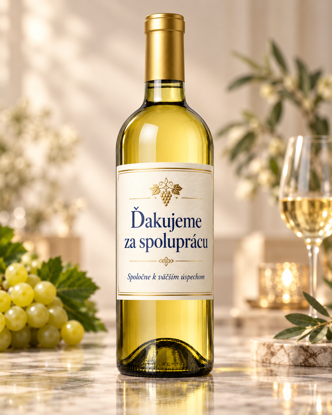 Biele víno s etiketou Ďakujeme za spoluprácu