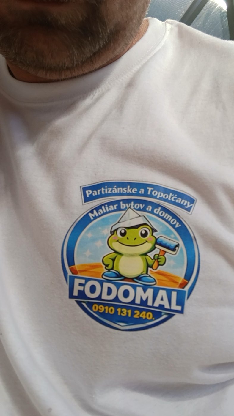 Biele tričko s logom Fodomal, žabka s valčekom a kontakt
