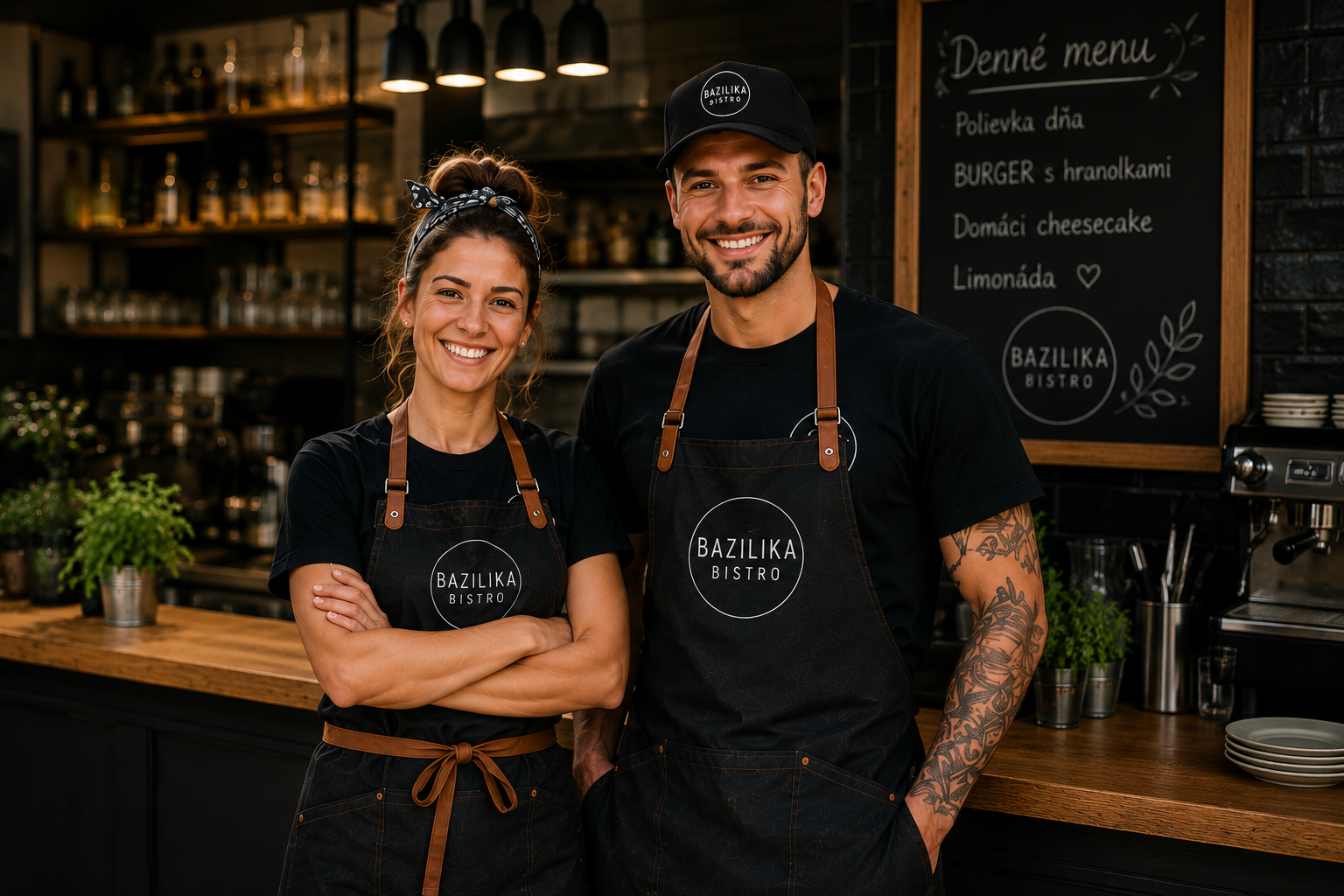 Gastro oblečenie s logom – personál bistra v zásterách s logom prevádzky