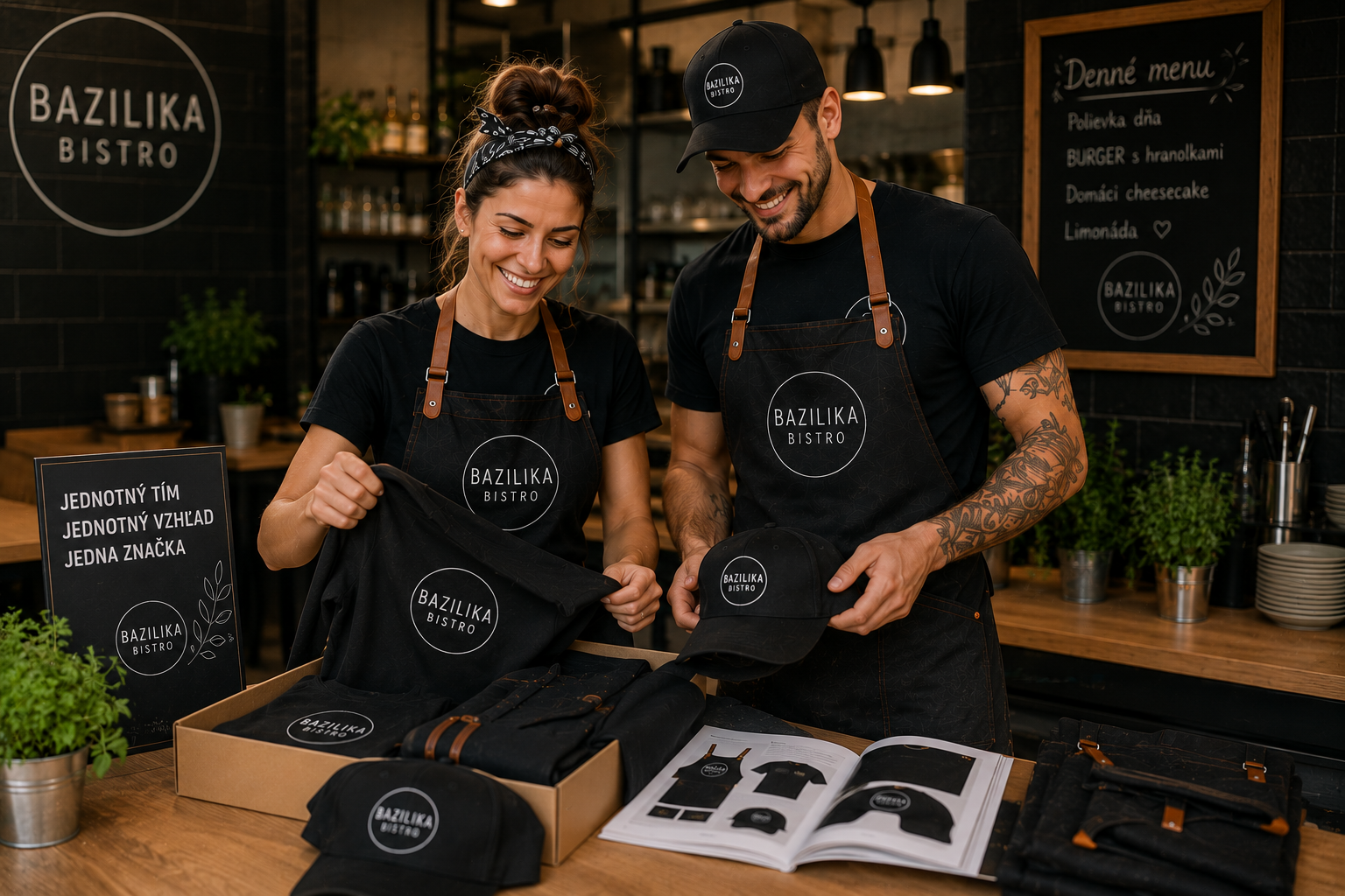 Gastro tím preberá oblečenie s logom prevádzky – chránená dielňa