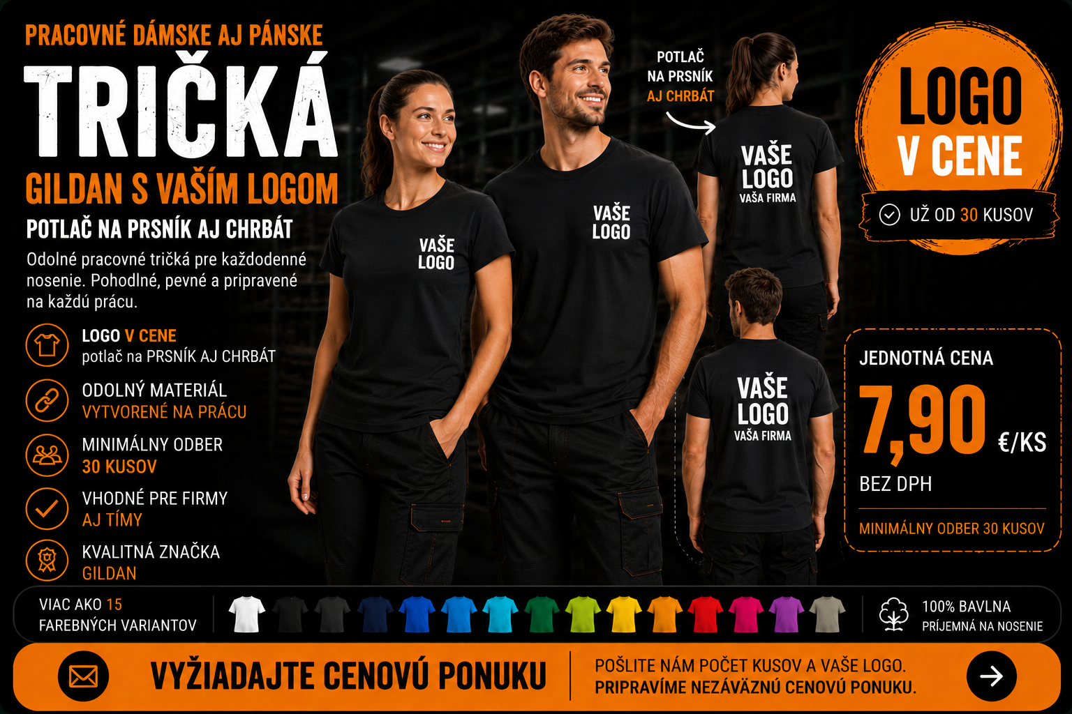 Pracovné tričká Gildan s logom – pánske aj dámske, od 30 ks