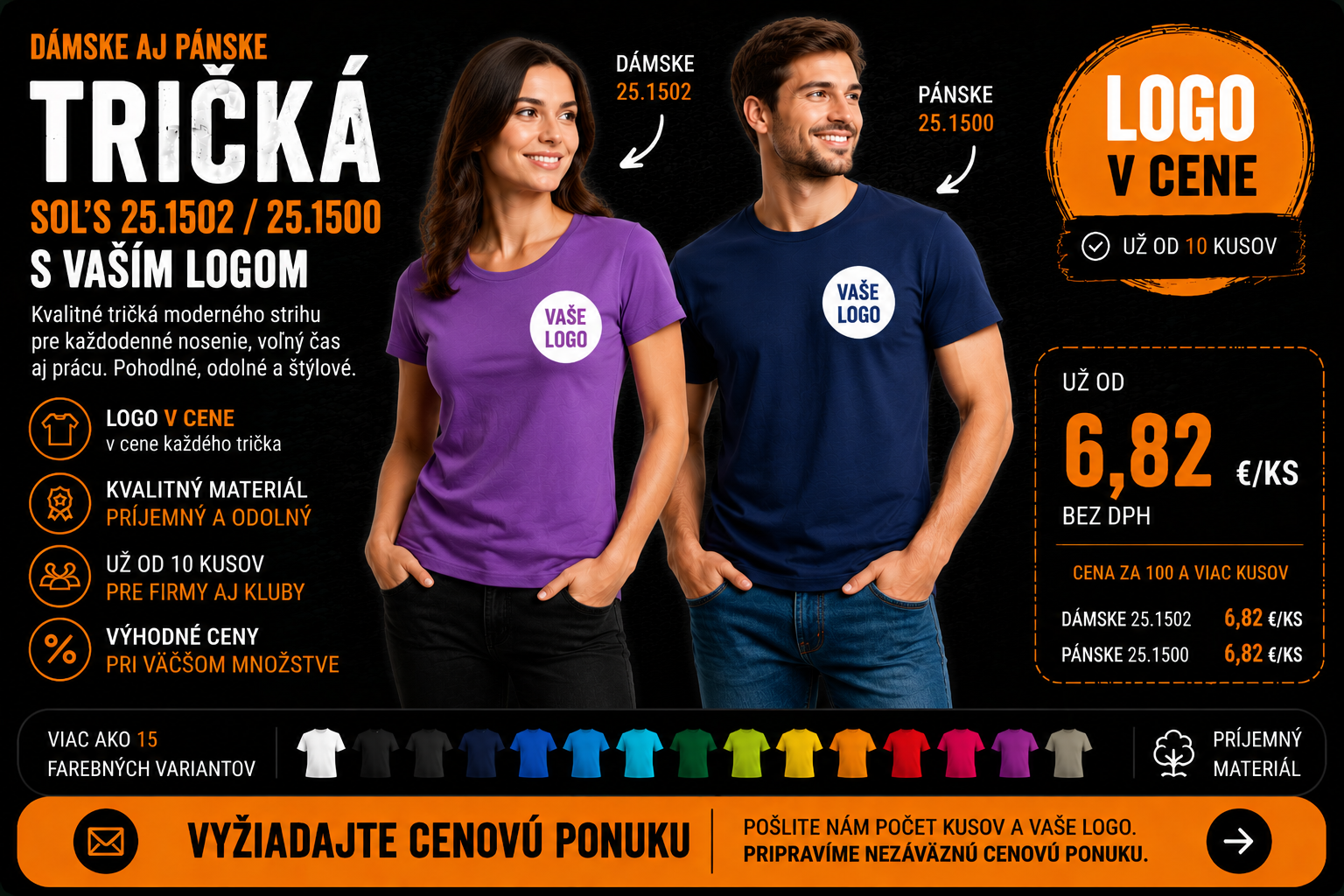 Tričká SOL'S s logom pre firmy – pánske aj dámske, 100% bavlna