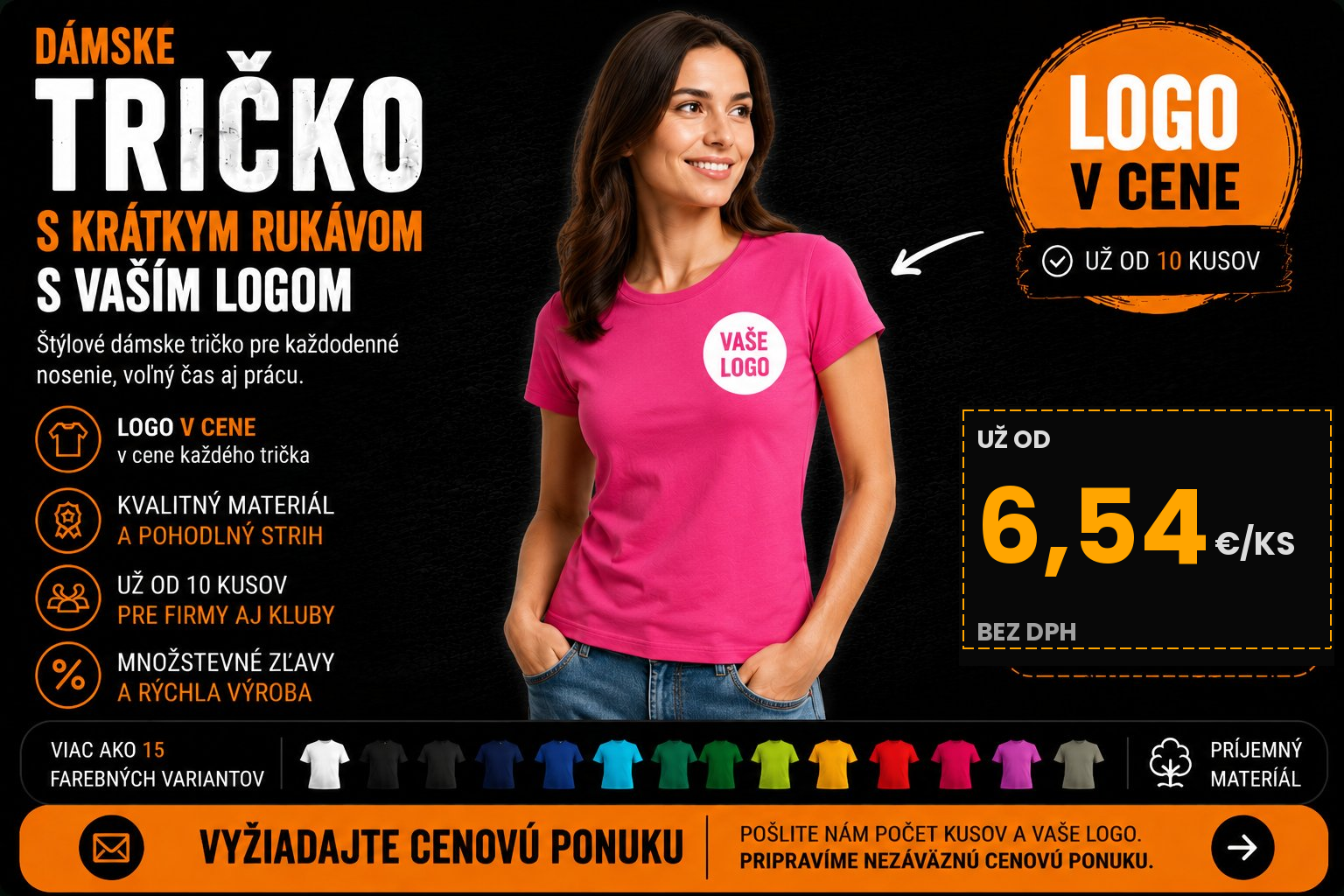 Dámske farebné tričko s logom firmy – potlač A5 v cene, od 10 ks
