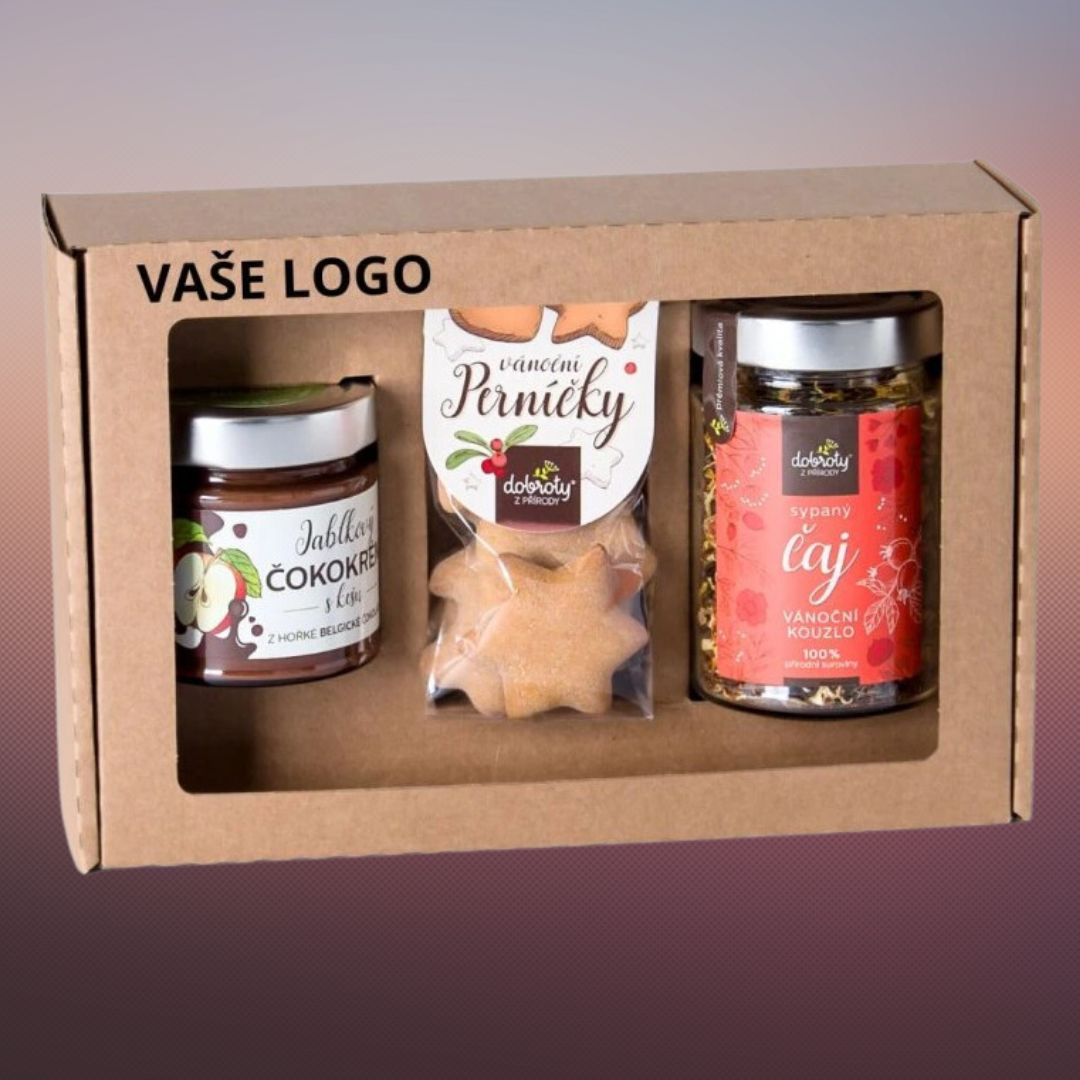 Vianočný firemný darčekový balíček – čokoláda, perníky, čaj s logom