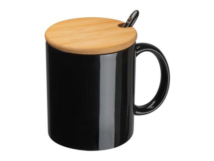 Hrnček s lyžičkou a bambusovým viečkom , Black (Farba Black)