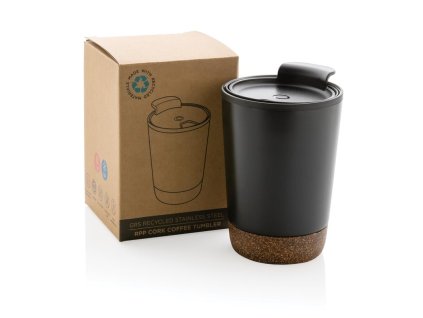 Korkový termohrnček z GRS recykl. plastu a ocele , Black (Farba Black)