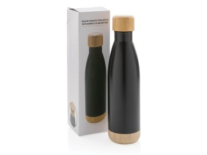 Nerezová termo fľaša s bambusovými detailmi 520ml , Black (Farba Black)