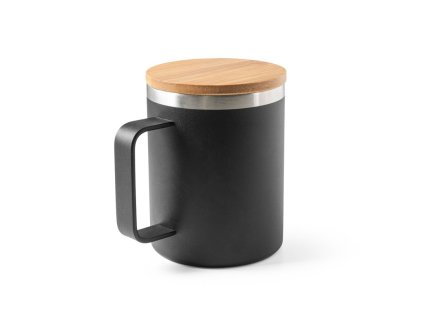 Nerezový hrnček 420 ml s bambusovým vekom , Black (Farba Black)