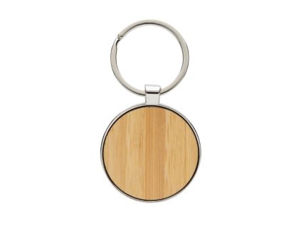 Okrúhla kľúčenka z RCS materiálu s bambusom , Silver (Farba Silver)