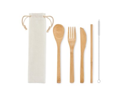 Príbor a slamka z bambusu , Beige (Farba Beige)