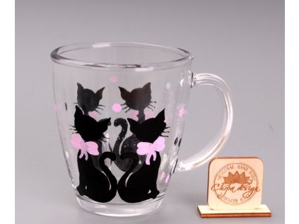 Skleněný hrnek  - kočky růžová mašle