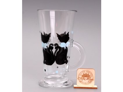 Skleněný hrnek - latte - kočky modrá mašle