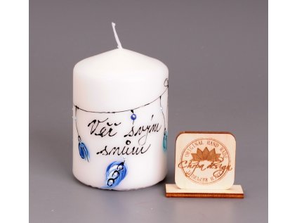 svíčka 8 cm - věř svým snům, modré peří