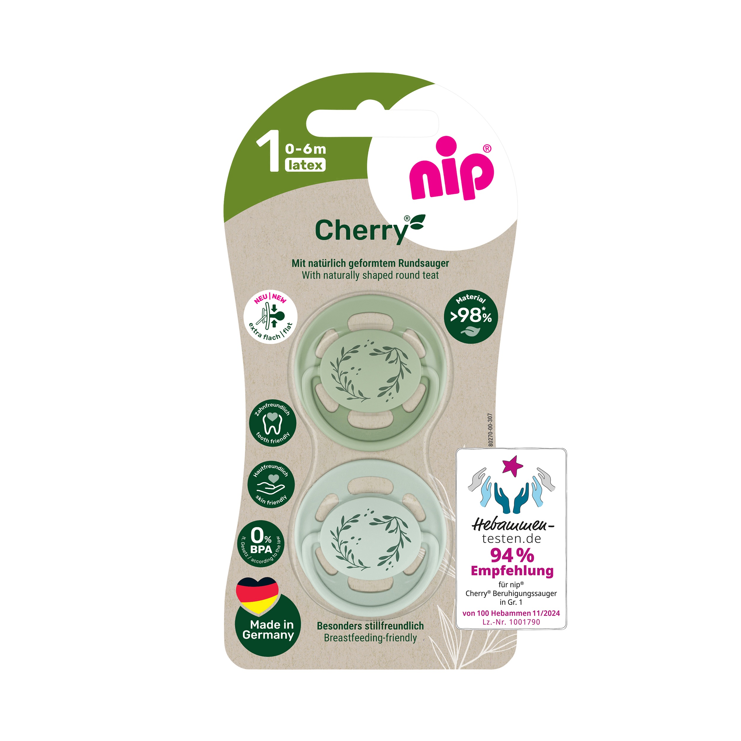 Levně NIP CHERRY NATURE line šidítko, kaučuk,velikost 1 (0-6m), 2ks, green/green