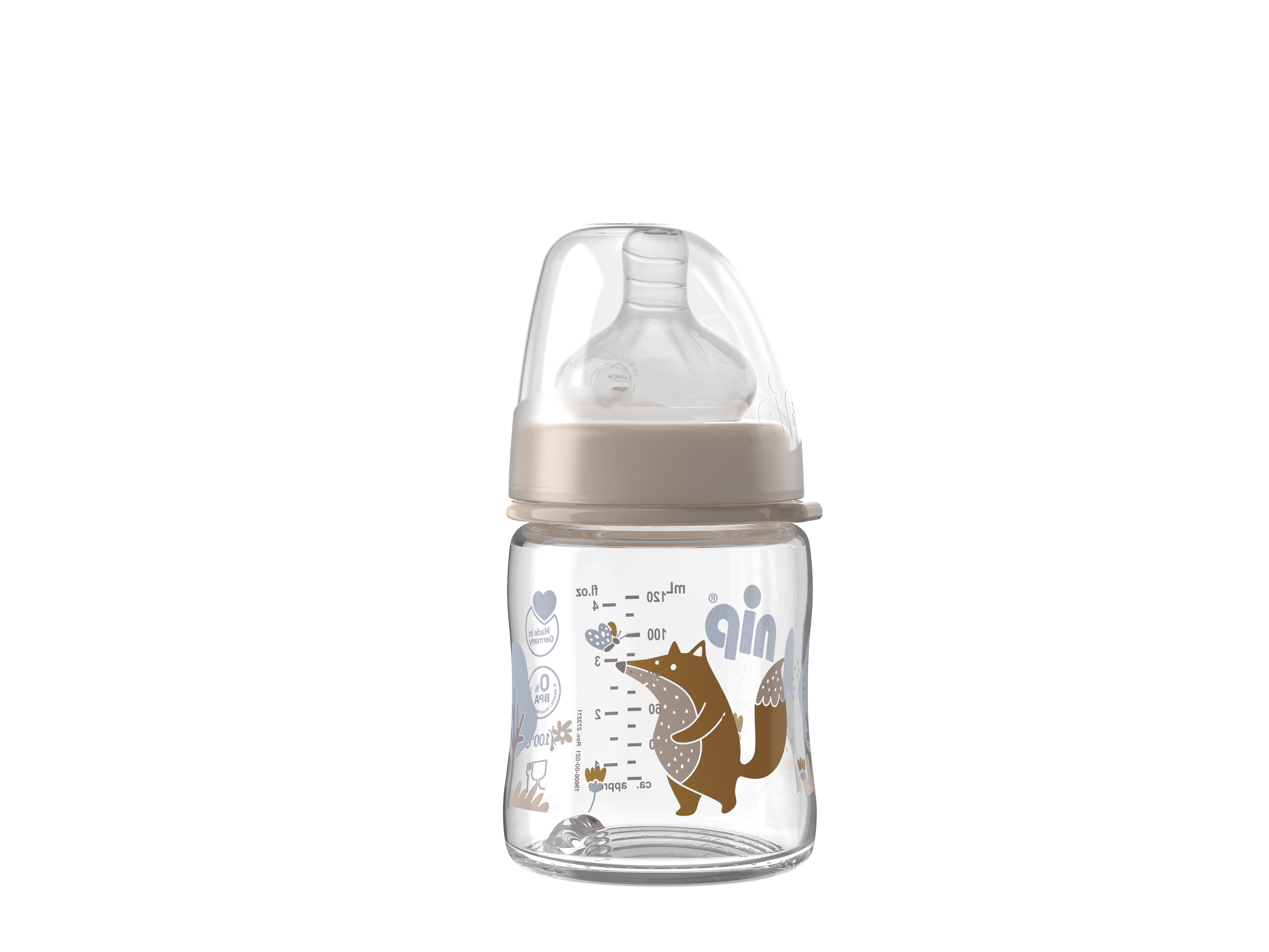 Levně NIP Láhev kojenecká sklo,široká,silkon-S,120ml,0m+,uni