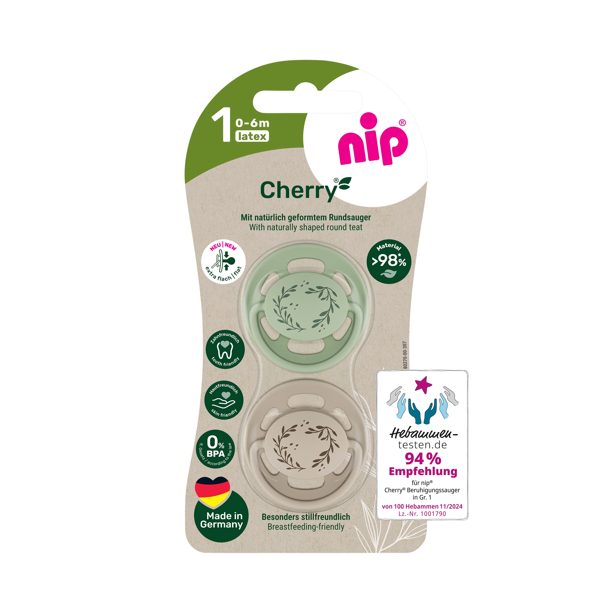 Levně NIP CHERRY NATURE line šidítko, kaučuk,velikost 1 (0-6m), 2ks, green/brown