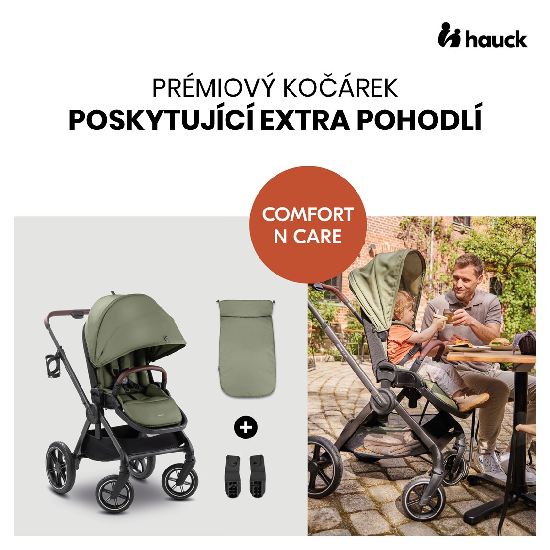 Hauck Sporťák Comfort N Care + nánožník / adaptér na autosedačku, Olive