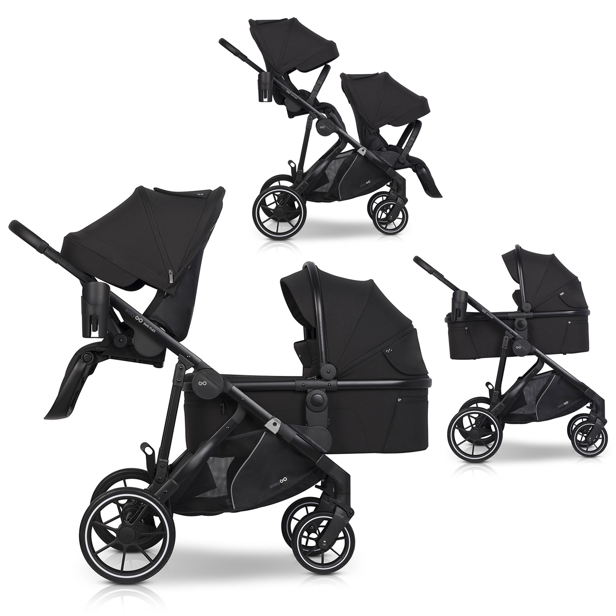 Sourozenecký kočárek EasyGo Duoflex Ebony Black, 2 sportovní části, 1 hluboká vanička