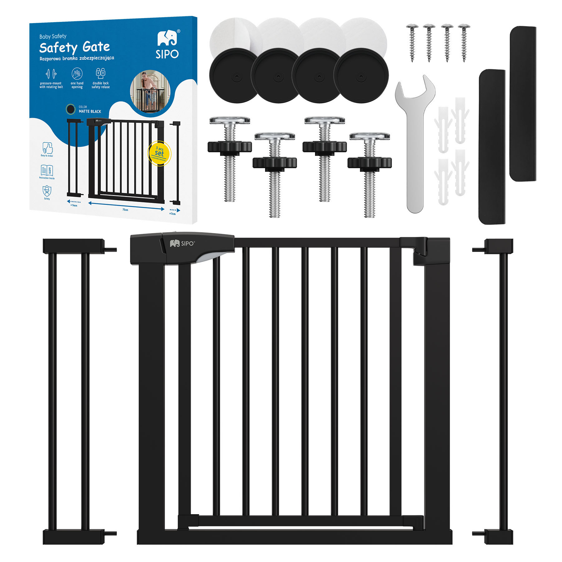 Sipo Zábrana Set 75 cm+ 2x nástavec 7 / 14 cm Black