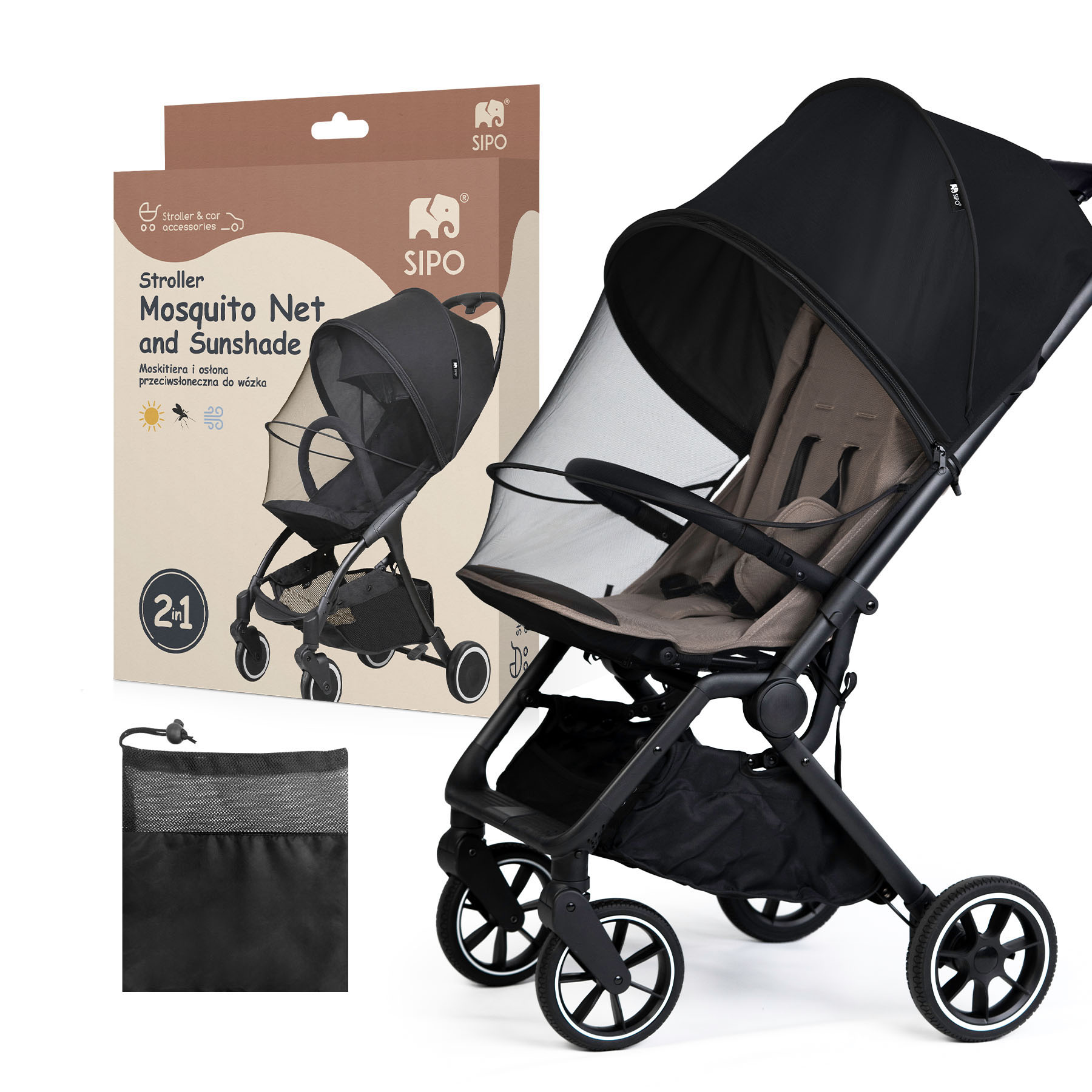 Sipo UNI Sieťka proti hmyzu & slnečná clona na kočík, 2v1