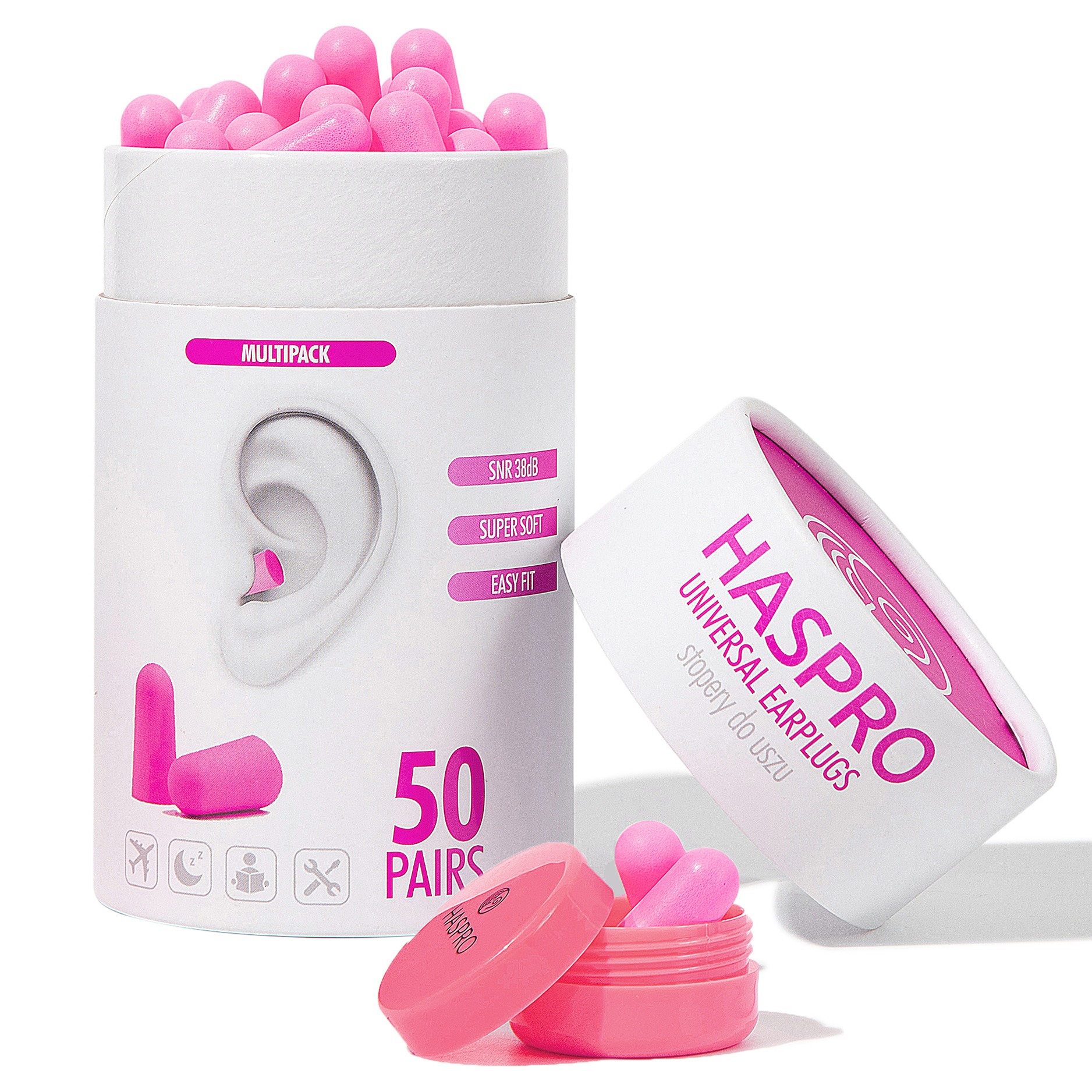 Haspro Universal ušné zátky, penové, 50 párov / 100 ks, růžové