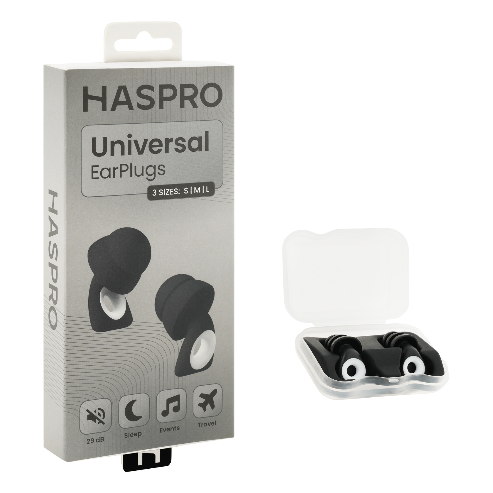 Haspro Univerzálne ušné zátky, silikónové, 29 dB, koncovky (S, M, L), čierna
