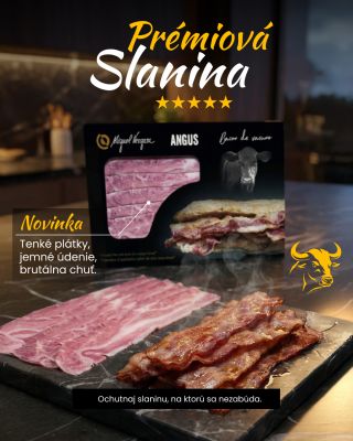 Prémiová Angus slanina z hovädzieho mäsa, tenké plátky, jemné údenie a chuť, ktorá ti zostane v hlave ešte dlho po...
