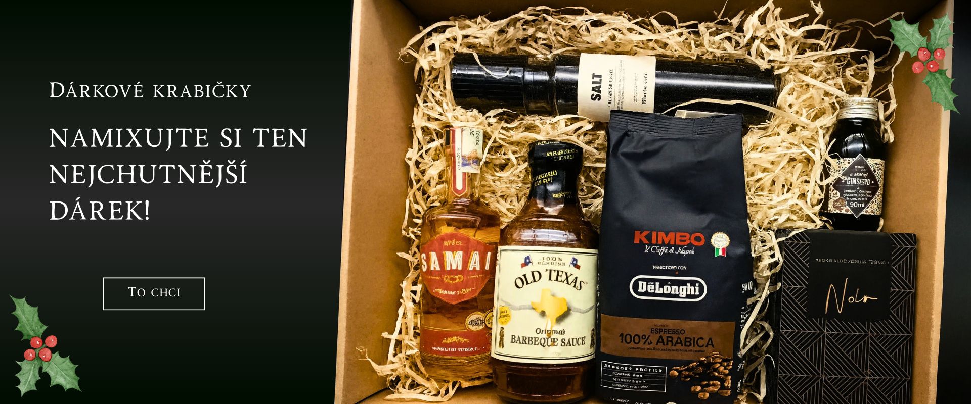 Dárková krabička s gurmánskými produkty, včetně rumu, BBQ omáčky, kávy a koření.