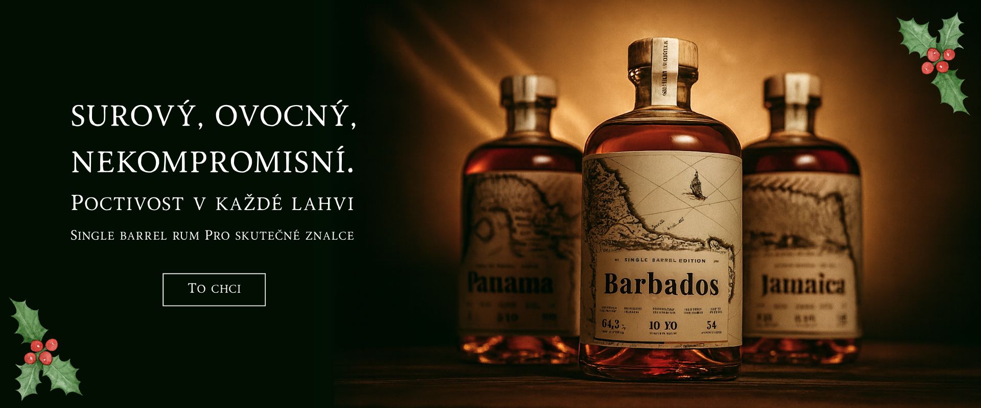Reklamní banner s lahvemi single barrel rumů Barbados, Panama a Jamaica.