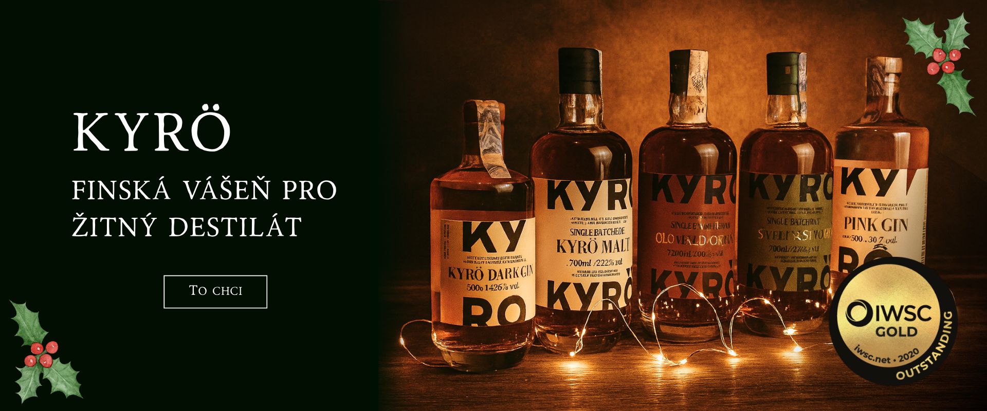 Reklamní banner značky Kyrö s pěti lahvemi finských žitných destilátů a oceněním IWSC Gold 2020, doplněný textem ‚Finská vášeň pro žitný destilát‘.
