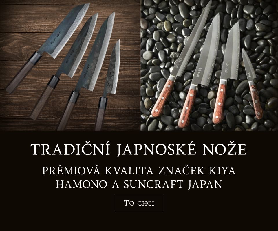 Tradiční japonské nože od značek Kiya Hamono a Suncraft Japan, vysoká kvalita a precizní zpracování.