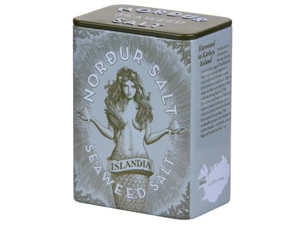 Nordur Salt – plechovka arktické mořské soli s mořskou řasou, logo s mořskou pannou