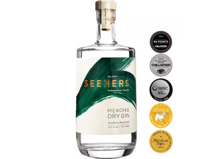 Láhev Seekers Mekong Dry Gin s oceněními – čelní pohled