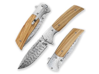 Dellinger nomad olive vg 10, celkový pohled na nůž, damšková ocel a olivové dřevo v rukověti