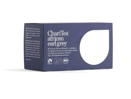 pohled na krabičku ChariTea African Earl Grey BIO 20×2 g – Černý čaj s bergamotem z Rwandy, Fairtrade