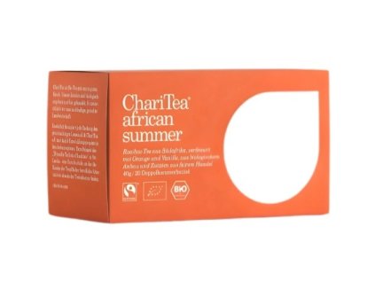 pohled na krabičku ChariTea African Summer BIO 20×2 g – Rooibos s pomerančem a vanilkou, Fairtrade, bez kofeinu