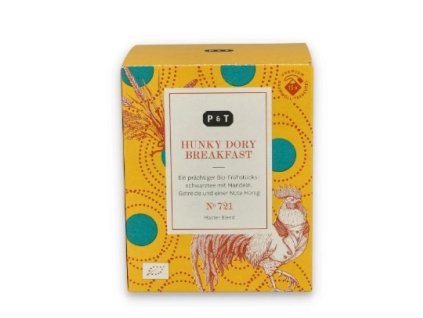 pohled na krabičku Paper & Tea Hunky Dory Breakfast BIO 15×3 g – snídaňový černý čaj se sladovými tóny, mandlemi a karamelem