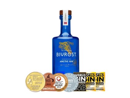 Bivrost Arctic Gin – modrá láhev s oceněními, přední pohled