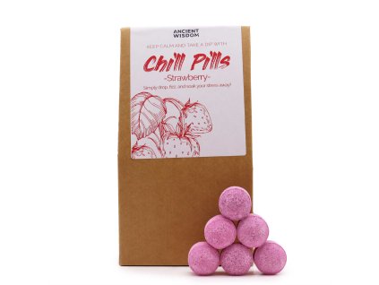 pohled na krabičku a šumivé kouličky do koupelny, vůně jahoda