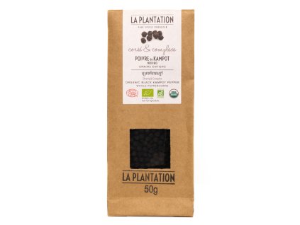La Plantation BIO kampotský pepř černý 50 g – papírový sáček na bílém pozadí