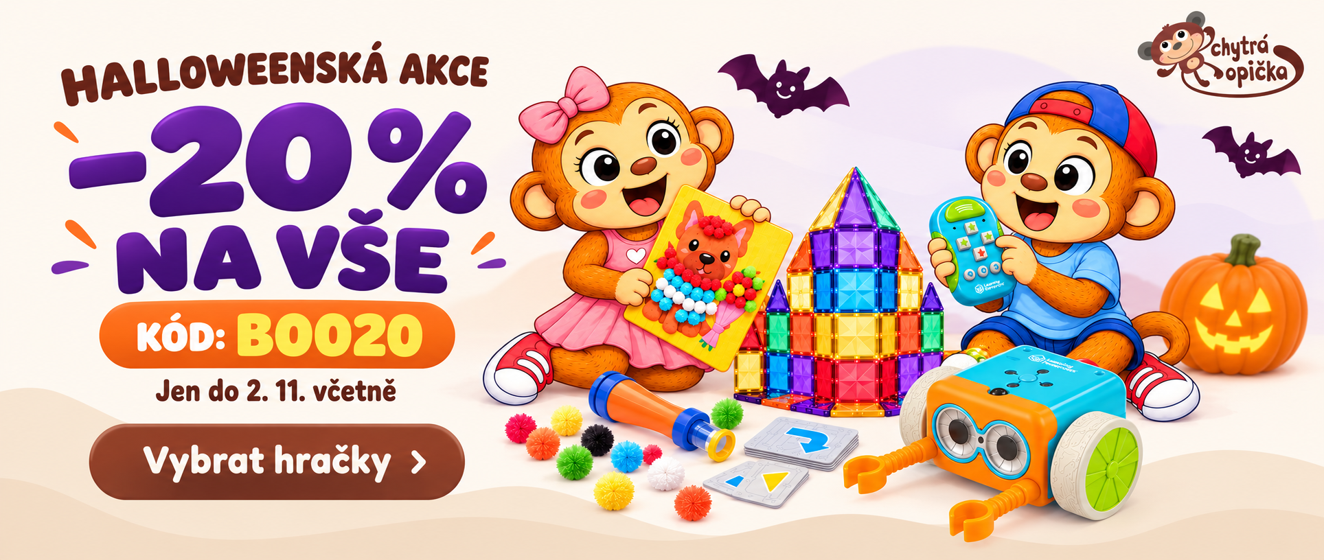 Reklama na hračky Chytra opička má slevy na hračky - aktuální sleva je 20% na vše s kodem BOO30