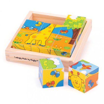 Bigjigs Toys Obrázkové kostky kubusy Safari 9 kostek