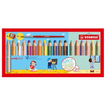 Stabilo - pastelky Woody 3v1 sada 18 ks s ořezávátkem a štětcem