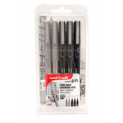 717 uni pin fine liner sada 5 ks odstiny sede